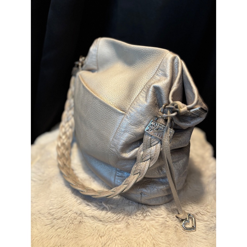 Brighton Metallic Silver Pebbled Leather Hobo Bag Braided Strap Heart Charm